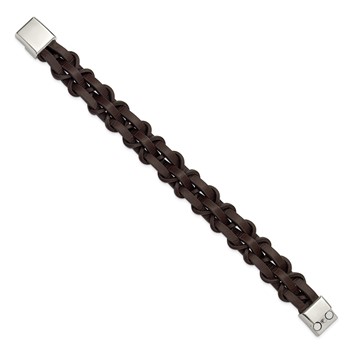 Chisel Stainless Steel Polished Brown Leather 8.25 inch Bracelet — alternate view