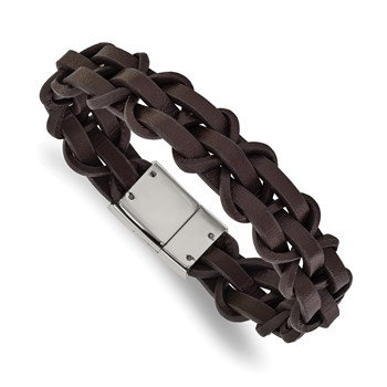 Chisel Stainless Steel Polished Brown Leather 8.25 inch Bracelet