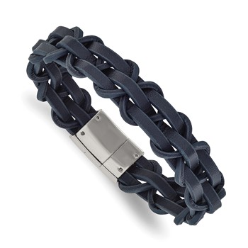 Chisel Stainless Steel Polished Navy Leather 8.5 inch Bracelet