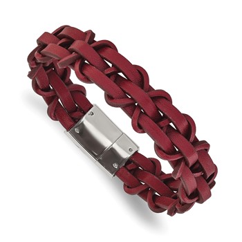 Chisel Stainless Steel Polished Red Leather 8.25 inch Bracelet