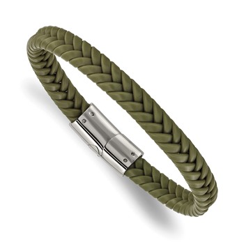 Chisel Stainless Steel Polished Braided Green Silicone 8 inch Bracelet