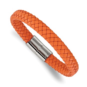 Chisel Stainless Steel Polished Braided Orange Leather 8.25 inch Bracelet