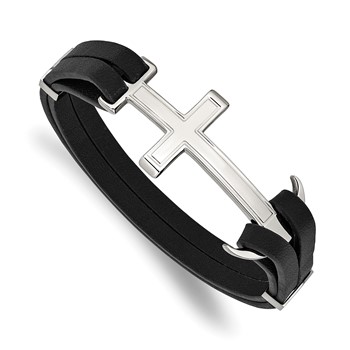 Chisel Stainless Steel Polished Cross and Anchor Black Leather 8.25 inch Bracelet