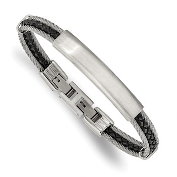 Chisel Stainless Steel Brushed and Polished Wire and Braided Black Leather 6.75 inch Plus a .5 inch Extension ID Bracelet