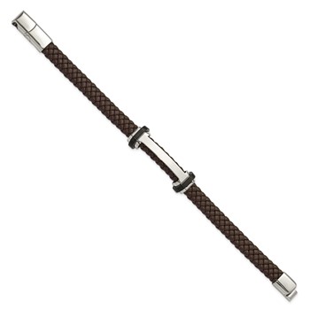 Chisel Stainless Steel Polished Braided Brown Leather 8 inch Plus a .5 inch Extension Bracelet — alternate view