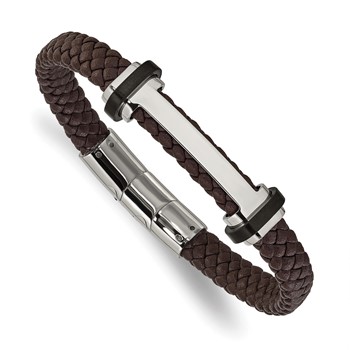 Chisel Stainless Steel Polished Braided Brown Leather 8 inch Plus a .5 inch Extension Bracelet