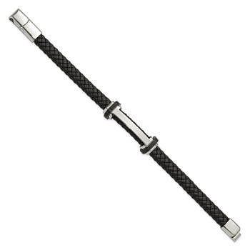 Chisel Stainless Steel Polished Braided Black Leather 8 inch Plus a .5 inch Extension Bracelet — alternate view