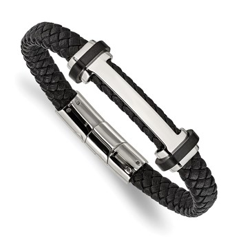 Chisel Stainless Steel Polished Braided Black Leather 8 inch Plus a .5 inch Extension Bracelet