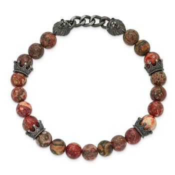 Chisel Stainless Steel Antiqued White Bronze-plated Lion Heads and Crowns 8mm Leopard Stone Beaded 7.5 inch Stretch Bracelet — alternate view
