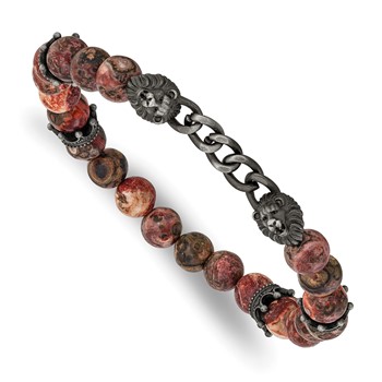 Chisel Stainless Steel Antiqued White Bronze-plated Lion Heads and Crowns 8mm Leopard Stone Beaded 7.5 inch Stretch Bracelet