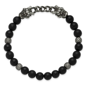 Chisel Stainless Steel Antiqued White Bronze-plated Dragon Heads 8mm Agate and Onyx Beaded 7.5 inch Stretch Bracelet — alternate view