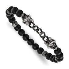 Image of Chisel Stainless Steel Antiqued White Bronze-plated Dragon Heads 8mm Agate and Onyx Beaded 7.5 inch Stretch Bracelet