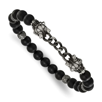 Chisel Stainless Steel Antiqued White Bronze-plated Dragon Heads 8mm Agate and Onyx Beaded 7.5 inch Stretch Bracelet