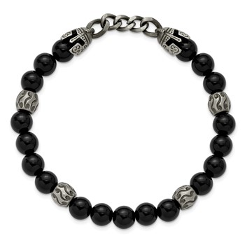 Chisel Stainless Steel Antiqued White Bronze-plated Knight Helmets 8mm Agate and Onyx Beaded 7.75 inch Stretch Bracelet — alternate view