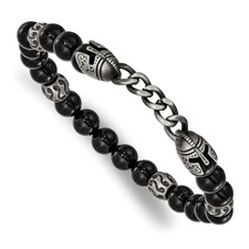 Image of Chisel Stainless Steel Antiqued White Bronze-plated Knight Helmets 8mm Agate and Onyx Beaded 7.75 inch Stretch Bracelet