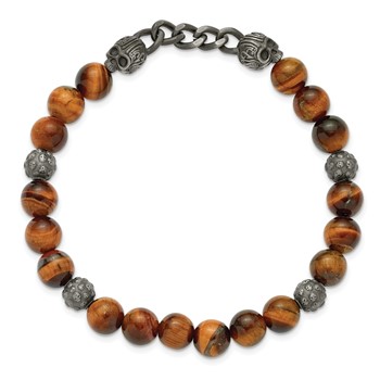 Chisel Stainless Steel Antiqued White Bronze-plated Skulls 8mm Tiger's Eye Beaded 7.5 inch Stretch Bracelet — alternate view