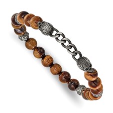 Image of Chisel Stainless Steel Antiqued White Bronze-plated Skulls 8mm Tiger's Eye Beaded 7.5 inch Stretch Bracelet