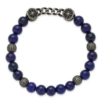 Chisel Stainless Steel Antiqued White Bronze-plated Compass 8.5mm Lapis Beaded 7.5 inch Stretch Bracelet — alternate view
