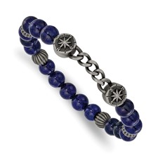 Image of Chisel Stainless Steel Antiqued White Bronze-plated Compass 8.5mm Lapis Beaded 7.5 inch Stretch Bracelet