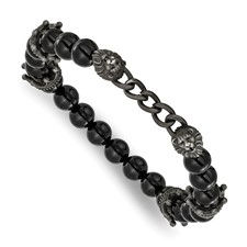 Image of Chisel Stainless Steel Antiqued White Bronze-plated Lions Heads and Crowns 8mm Agate Beaded 7.75 inch Stretch Bracelet