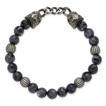 Chisel Stainless Steel Antiqued White Bronze-plated Eagle Heads 8mm Labradorite Beaded 7.25 inch Stretch Bracelet — alternate view