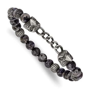 Chisel Stainless Steel Antiqued White Bronze-plated Eagle Heads 8mm Labradorite Beaded 7.25 inch Stretch Bracelet
