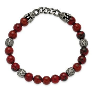 Chisel Stainless Steel Antiqued White Bronze-plated Knight Helmets 8.5mm Red Obsidian Beaded 7.25 inch Stretch Bracelet — alternate view