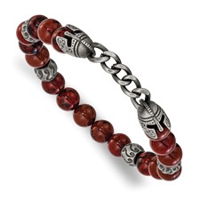 Image of Chisel Stainless Steel Antiqued White Bronze-plated Knight Helmets 8.5mm Red Obsidian Beaded 7.25 inch Stretch Bracelet