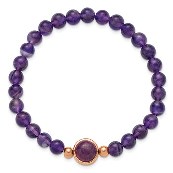 Chisel Stainless Steel Polished Rose IP-plated 6.5mm Amethyst Beaded 7 inch Stretch Bracelet — alternate view