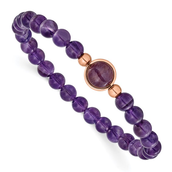 Chisel Stainless Steel Polished Rose IP-plated 6.5mm Amethyst Beaded 7 inch  Stretch Bracelet - Quality Gold