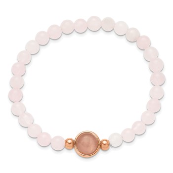 Chisel Stainless Steel Polished Rose IP-plated 6mm Pink Crystal Beaded 7 inch Stretch Bracelet — alternate view