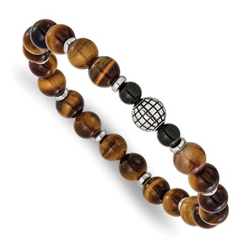 Chisel Stainless Steel Antiqued and Polished 6-8mm Agate and Tiger's Eye Beaded 7 inch Stretch Bracelet