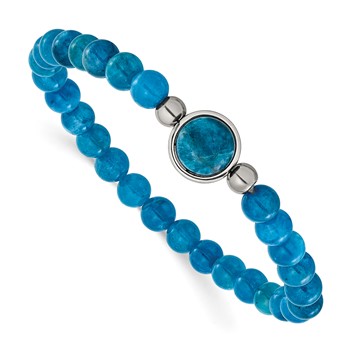 Chisel Stainless Steel Polished 6mm Blue Apatite Beaded 7 inch Stretch Bracelet
