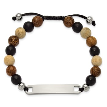 "Chisel Stainless Steel Polished Camphor, Tigerwood and Onyx Beaded Black Nylon 6.75 inch to 8.5 inch Adjustable ID Bracelet" — alternate view