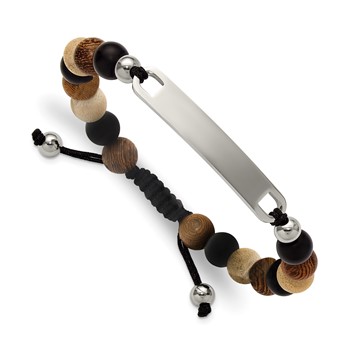 "Chisel Stainless Steel Polished Camphor, Tigerwood and Onyx Beaded Black Nylon 6.75 inch to 8.5 inch Adjustable ID Bracelet"