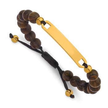 Stainless Steel Polished Yellow IP Tigerwood Beaded Nylon Adj ID Bracelet