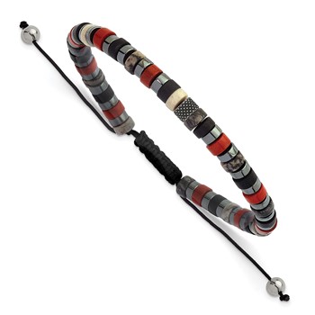 "Chisel Stainless Steel Polished Hematite, Agate, Picasso and Jasper 6.40mm Beaded Black Nylon Adjustable Bracelet"