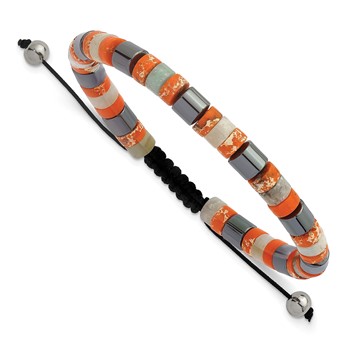 Chisel Stainless Steel Polished Hematite and Orange Emperor Stone 6.40mm Beaded Black Nylon Adjustable Bracelet