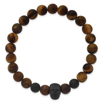 Chisel Stainless Steel Matte Black IP-plated Skull 8.75mm Tigers Eye and Onyx Beaded Stretch Bracelet — alternate view