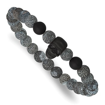 Chisel Stainless Steel Matte Black IP-plated Skull 8mm Black Striate Stone Beaded Stretch Bracelet