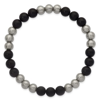 Chisel Stainless Steel Brushed Matte 8.25mm Onyx Beaded Stretch Bracelet — alternate view