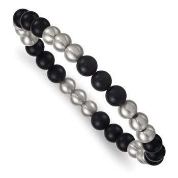Chisel Stainless Steel Brushed Matte 8.25mm Onyx Beaded Stretch Bracelet