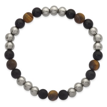 Chisel Stainless Steel Brushed Matte Onyx and Tigers Eye Beaded Stretch Bracelet — alternate view