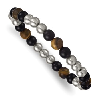Chisel Stainless Steel Brushed Matte Onyx and Tigers Eye Beaded Stretch Bracelet