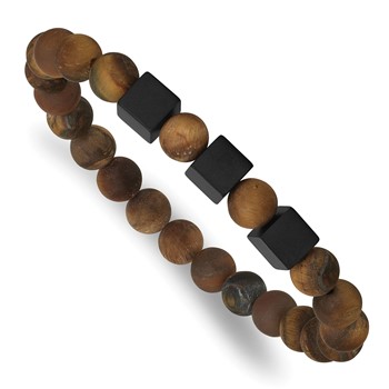 Chisel Stainless Steel Matte Black IP-plated Cubes and Tigers Eye Beaded Stretch Bracelet