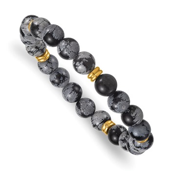Chisel Stainless Steel Polished Yellow IP-plated 8.5mm Snowflake Stone Beaded Stretch Bracelet