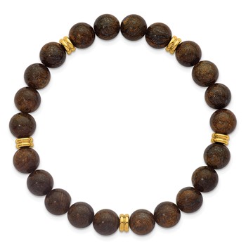 Chisel Stainless Steel Polished Yellow IP-plated 8.5mm Grey Bronze Stone Beaded Stretch Bracelet — alternate view