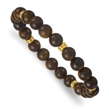 Chisel Stainless Steel Polished Yellow IP-plated 8.5mm Grey Bronze Stone Beaded Stretch Bracelet