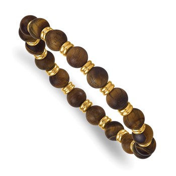 Chisel Stainless Steel Polished Yellow IP-plated 8.5mm Tigers Eye Beaded Stretch Bracelet