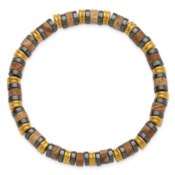 StainlessSteel Polished Yellow IP Hematite and Picture Jasper Beaded Bracelet — alternate view